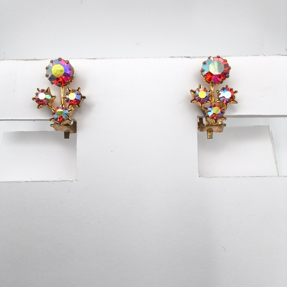 Vintage Austria Aurora Borealis Rhinestone Floral Clip-On Earrings – MCM